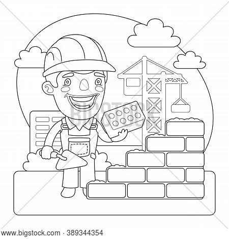 Cartoon Stonemason Builder Lays A Brick Wall At Construction Site. Coloring Book Page With Professio