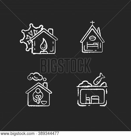 Temporary Supportive Housing Chalk White Icons Set On Black Background. Warming Center. Religious Sh