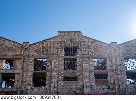 Old Fertilizer Factory Industrial Building In Drapetsona Piraeus Greece, Sunny Day.
