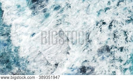 Abstract Watercolor Ocean. Primary Colors Are Blue, Cyan, White. Texture For Background, Design, Int
