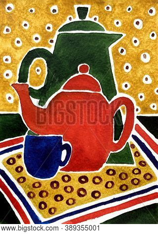 Still Life Illustration Of Drinking Vessels. Hand Drawn Watercolr Painting. Vertical Picture For Kit