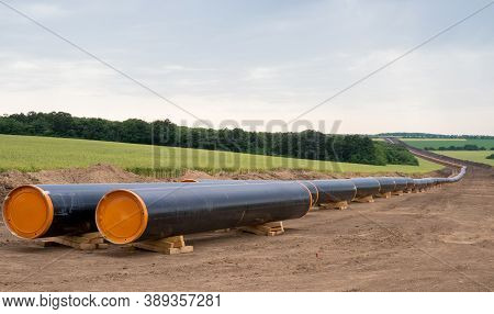 Construction Works For Balkan Stream Gas Pipeline. Pipes Prepared For Dragging And Laying