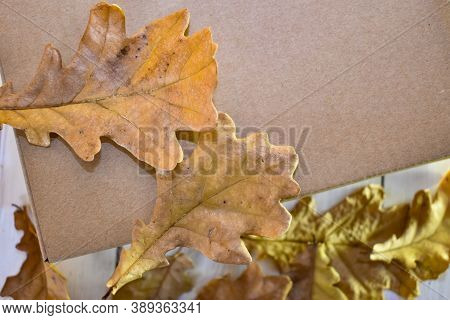 Autumn Oak Leaves Are Scattered On The Background Of A Cardboard Box. Concept: Seasonal Delivery, Pa