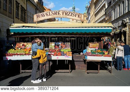 Prague, Czech Republic - September 30, 2019: Visitors To The Havelské Tržiště (havel Market) In The 