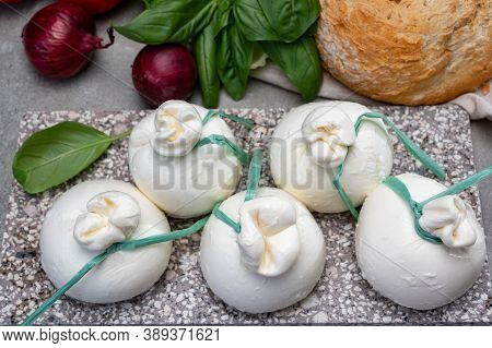 Cheese Collection, Fresh Soft Italian Cheese From Puglia, White Balls Of Burrata Or Burratina Cheese