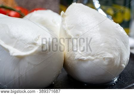 Fresh Handmade Soft Italian Cheese From Campania, White Balls Of Buffalo Mozzarella Cheese Made From