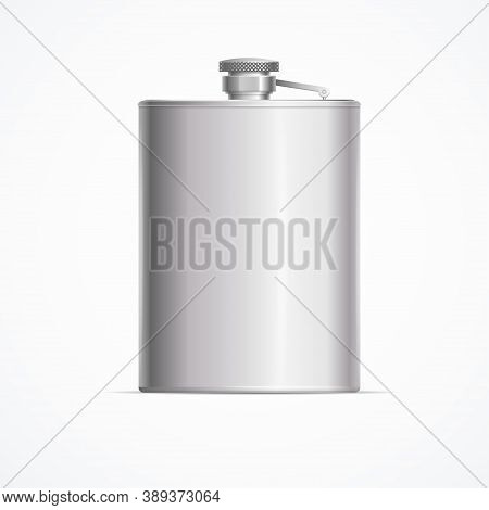 Realistic Detailed 3d Metal Hip Flask For Alcohol Drink. Vector Illustration Of Personal Shiny Conta