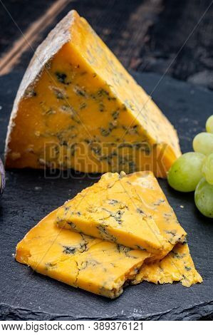 British Matured Yellow Cheese Blue Shropshire, Close Up