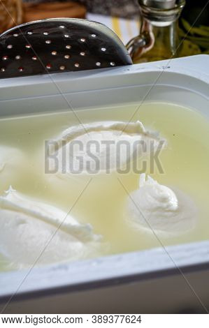 Cheese Shop, Fresh Handmade Soft Italian Cheese From Campania, White Balls Of Buffalo Mozzarella Che