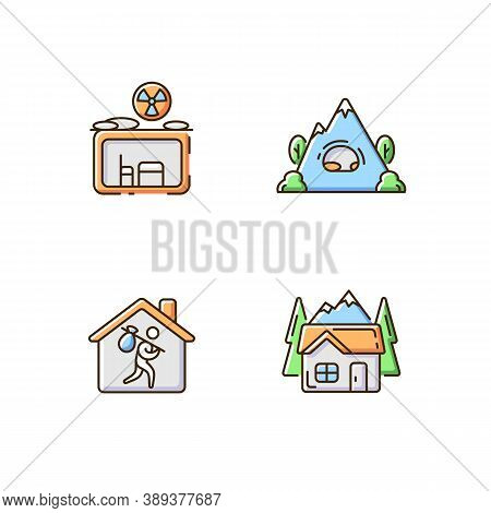 Transitional Housing Rgb Color Icons Set. Fallout Bunker. Civil Defense Measures. Rockhouse. Refugee