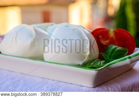 Fresh Soft White Italian Cheese Mozzarella Buffalo Made From Italian Buffalo's Milk By Pasta Filata
