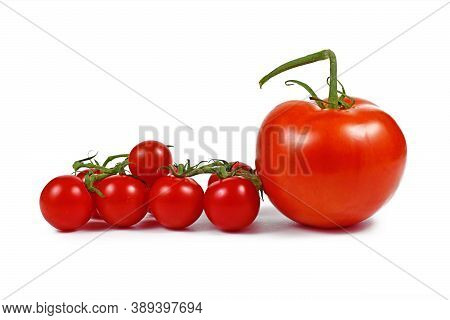 Trusses Of Small Cherry Tomatoes Next To Big Salad Tomatoe Fruit Isolated On White Background