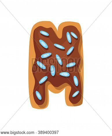 Cartoon Cookies Font. Confectioners Stylized Capital Letter M. Vector English Abc Baking In Colored 