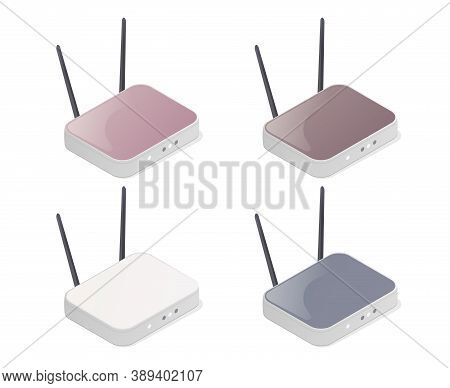 Sometric Routers. Modem Device. Wireless Internet. Vector Illustration. Isolated On White Background