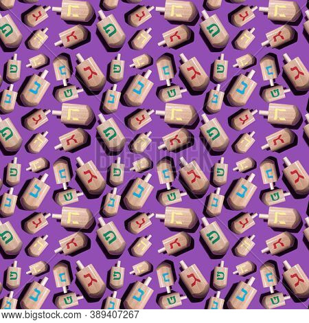 Seamless Pattern With Hanukkah Dreidels On Violet Background. Hebrew Letters On Dreidels Say: 