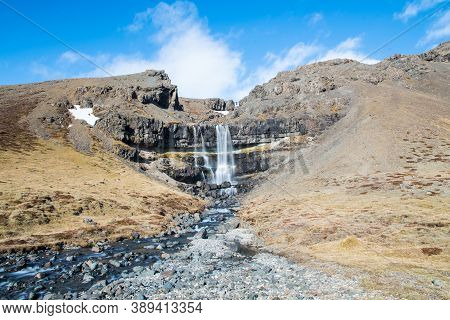 Waterfall Bergarfoss In Hornafjordur In Iceland