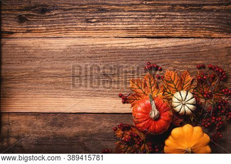 Autumn Leaves With Dogberry And Colorful Pumpkins Over A Textured Vintage Rustic Wooden Background W