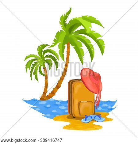 Illustration Travel And Summer Beach Vacation Relax Icon. Vacation, Tourism And Travel Concept. Wate
