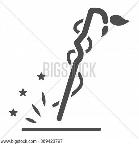 Magic Staff Solid Icon, Halloween Concept, Cane Stick With Leaves Sign On White Background, Wizard S