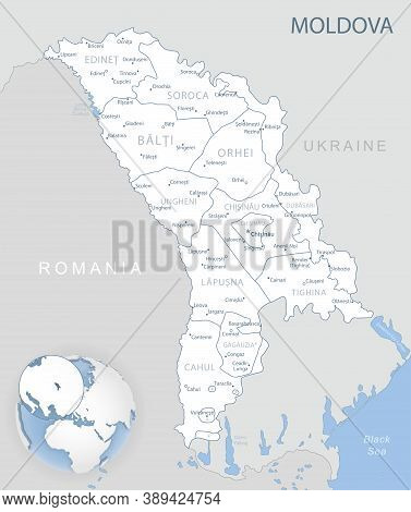 Blue-gray Detailed Map Of Moldova Administrative Divisions And Location On The Globe.