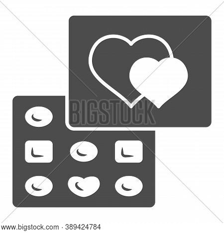 Chocolates In A Box Solid Icon, Chocolate Festival Concept, Chocolates In Heart Shaped Box Sign On W