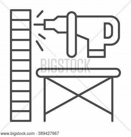 Perforator Drilling Wall Thin Line Icon, House Repair Concept, Electric Drill And Wall Sign On White