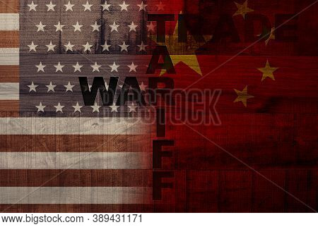 Usa And China Flag Printed On Wooden Background .it Is Symbol Of Economic Tariffs Trade War And Tax 