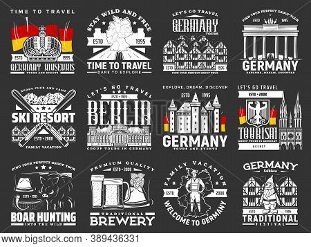 Germany Travel Icons, Berlin Landmarks And German Map, Vector Europe Culture City Tourism, Munich Ok