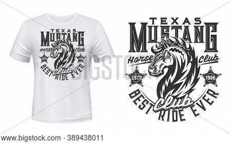 Wild Mustang Stallion T-shirt Vector Print. Strong Horse Stallion Head With Waving Mane, Sheriff Bad