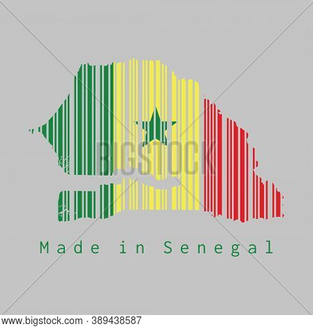 Barcode Set The Shape To Senegal Map Outline And The Color Of Senegal Flag On Grey Background, Text: