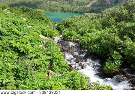 A Small Mountain River Flows In A Stream Through The Forest To Meet A Large Turquoise Lake.