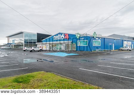 Reykjavik, Iceland - June 20, 2020: Netto 24 Supermarket And Lyfja Pharmacy.