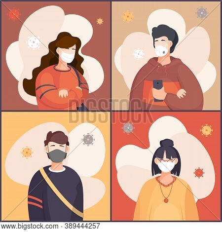 Covid-19, Portrait Of People In Respiratory Medical Mask, Flying Virus Pathogen Around. Spreading Vi