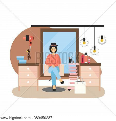 8 March, Womens Day. Happy Woman Taking Rest Spending Her Day Off At Beauty And Hair Salon, Flat Vec