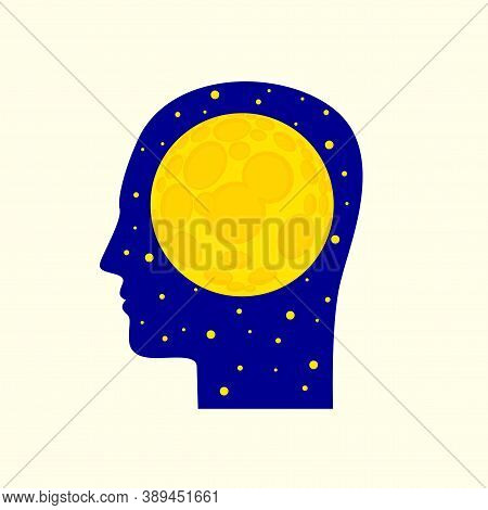 Blue Silhouette Of A Human Head In Profile With The Moon In The Brain Area. Decorative Vector Banner