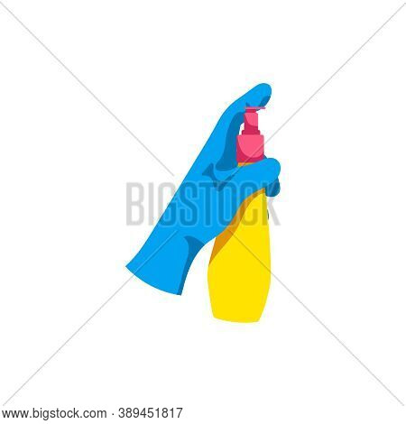 Hand Holding Sprayer Bottle. Gloved Hand With Detergent Supply Product. Cleaning Service, Housework,