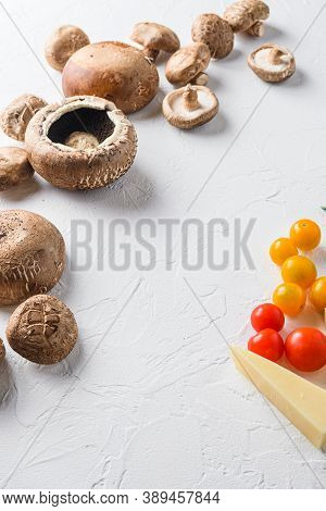 Portobello And Ingredients For Baking Cheddar Cheese, Cherry Tomatoes And Sage  On White Background