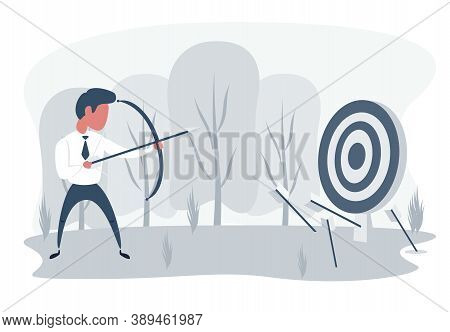 Businessman Loser With Archery. Not Hit Target, Arrows Around. Sad Male Character Aiming Target With
