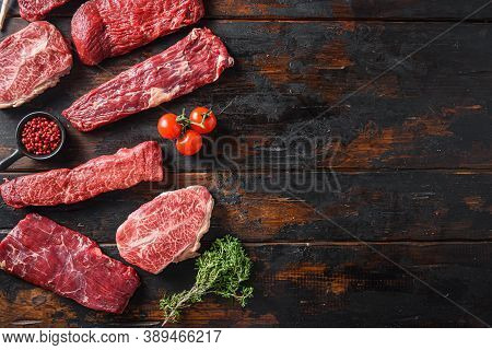 Set Of  Flap Flank Steak, Machete Steak Or Skirt Cut, Top Blade Or Flat Iron Beef And Tri Tip, Trian