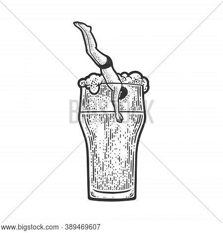 Man Dives Into A Glass Of Beer Sketch Engraving Vector Illustration. T-shirt Apparel Print Design. S