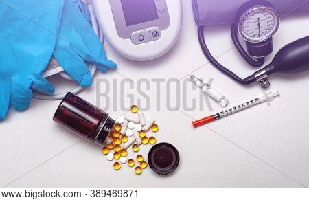 Different Medical Objects On White Background. Health Care. Top View