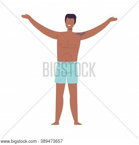 Smiling Man With Tattoo Wearing Swimming Trunks Standing On Beach Vector Illustration