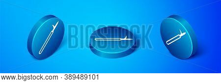 Isometric Metal Pike Pole With Wooden Handle Icon Isolated On Blue Background. Spear, Pickaxe, Hook 