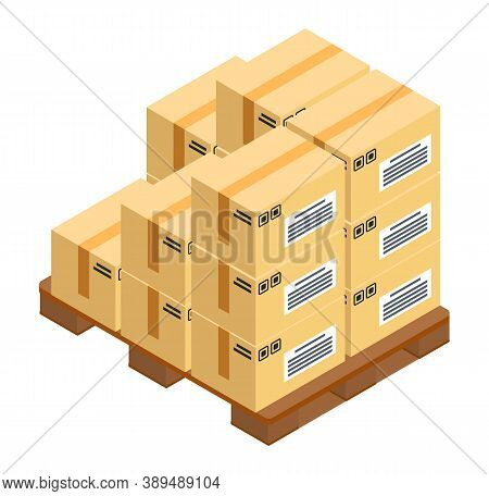 Boxes At Wooden Pallet, Postal Transportation, Delivery Product In Carton Packages Isolated At White