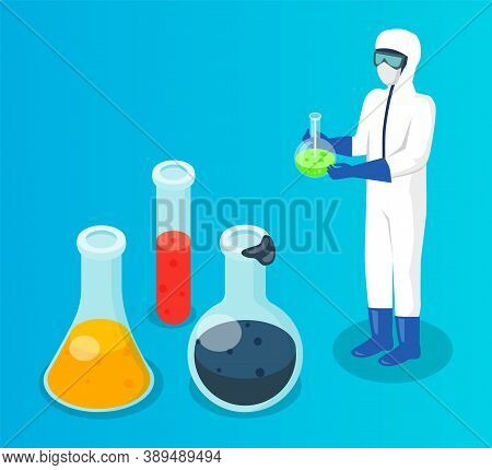 Scientific Lab Experiments. Person In Protective Costume Working With Dangerous Liquids. Flasks, Tes