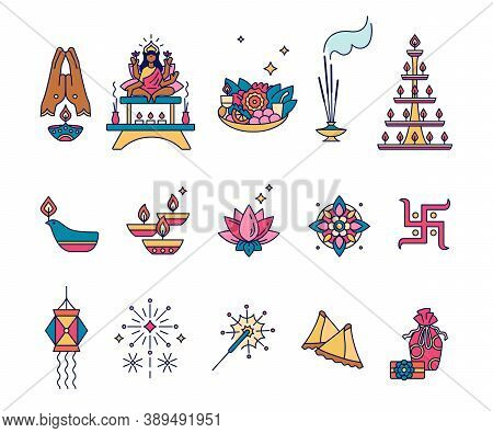 Diwali, Hindu Festival Of Lights - Set Of Outline Icons. Deepawali Symbols. Lamps Dipa, Sand Art Ran