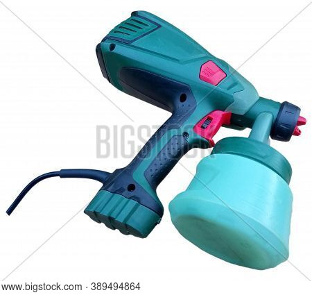 Green Electric Spray Gun For Painting Insulated On White Background