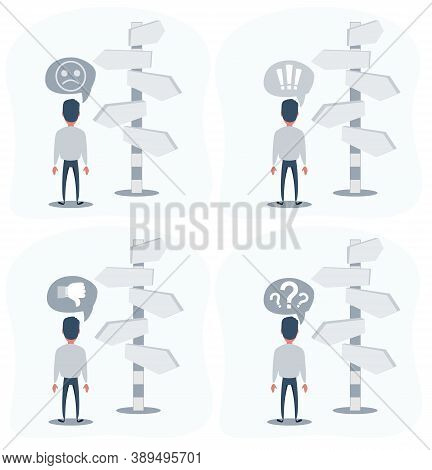 Right Direction. Businessman Is Looking At Direction Signs. Man Looks At Arrows Pointing To Many Dir