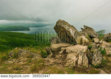 Bay Of The Sea And Large Rocks From The Hilltop Of The Mountainous Coast, Summer Landscape And Seasc
