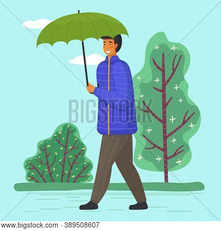 Guy With Umbrella Walking, Male Smiling Wearing Warm Clothes Jacket And Pants, Young Adult Man With 